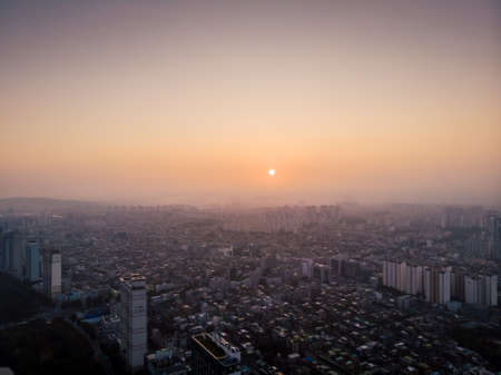 SEOUL / SOUTH KOREA - 09.30.2019: Sunrise in Seoul. Morning in big city. Made by droneのeditorial素材