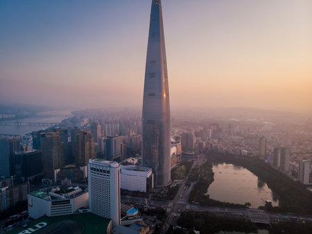 SEOUL / SOUTH KOREA - 09.30.2019: Sunrise in Seoul. Morning in big city. Made by drone