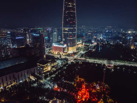 SEOUL / SOUTH KOREA - 09.30.2019: Night time in Seoul. Lights in big city. Made by drone