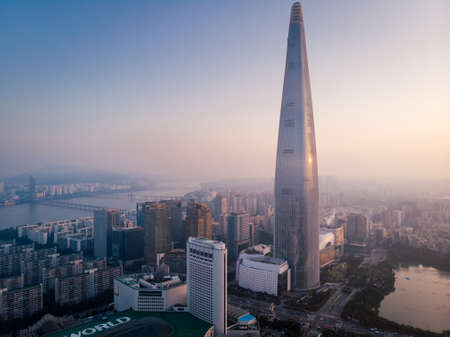 SEOUL / SOUTH KOREA - 09.30.2019: Sunrise in Seoul. Morning in big city. Made by droneのeditorial素材
