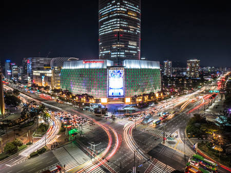SEOUL / SOUTH KOREA - 10.23.2019: Night time in Seoul. Lights in big city. Made by droneのeditorial素材