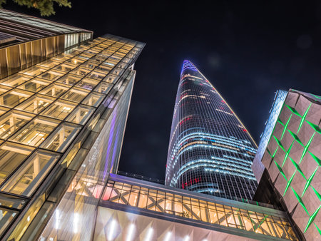 SEOUL / SOUTH KOREA - 10.23.2019: Night time in Seoul. Lights in big city. View from the earth to...