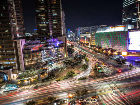 SEOUL / SOUTH KOREA - 10.23.2019: Night time in Seoul. Lights in big city. Made by droneのeditorial素材