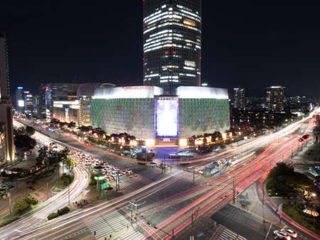 SEOUL / SOUTH KOREA - 10.23.2019: Night time in Seoul. Lights in big city. Made by droneのeditorial素材
