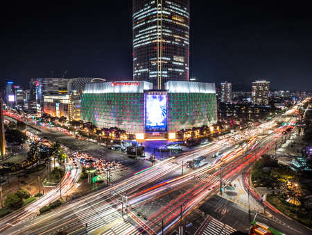 SEOUL / SOUTH KOREA - 10.23.2019: Night time in Seoul. Lights in big city. Made by droneのeditorial素材