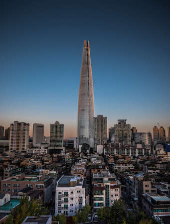SEOUL / SOUTH KOREA - 04/11/2019: Beautiful view on Lotte Tower. Made by droneのeditorial素材