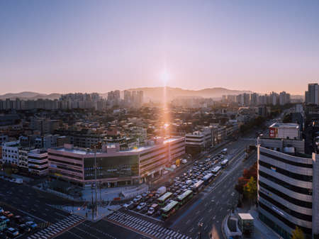 SEOUL / SOUTH KOREA - 04/11/2019: Sunrise in Seoul. Morning in big city. Made by droneのeditorial素材