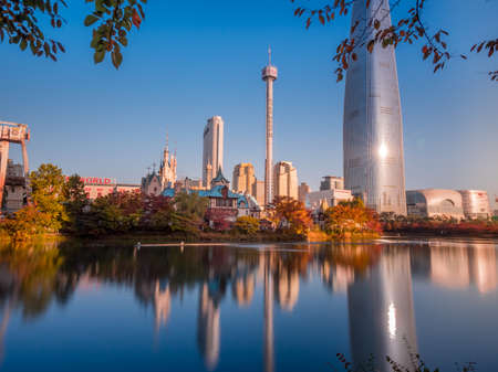 SEOUL / SOUTH KOREA - 04/11/2019: Beautiful view on Lotte Tower. Made by droneのeditorial素材