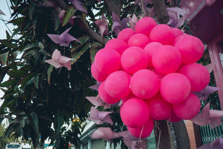 Red balloons hanging on a treeの写真素材