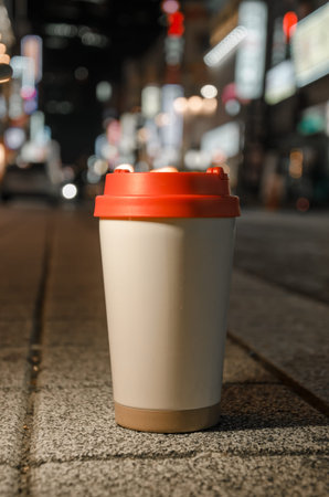 A glass of coffee is standing on the sidewalk. Street lights bokeh background