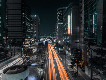 SEOUL / SOUTH KOREA - 10.30.2019: Top view of the night streets of Seoul, Koreaのeditorial素材