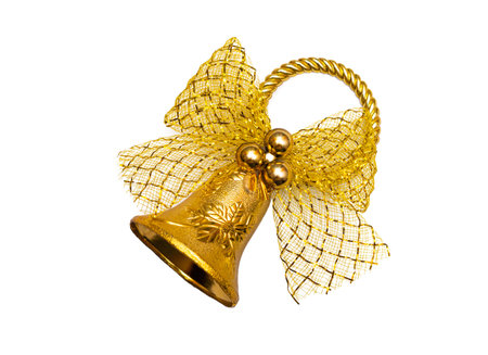 Christmas toy in the shape of a golden bell for decoration of a fir-tree on a white background,...