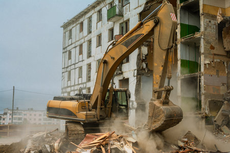 Demolition of a five-story apartment building recognized as emergency housing, close-up of an...