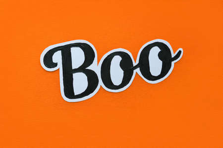 Boo. Painted lettering black oil paint on a white background, isolate, Halloween conceptの写真素材