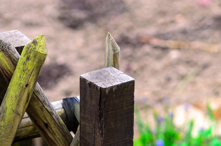 Rustic Wooden Garden Fence Close-Up Detailの写真素材
