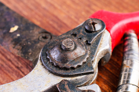 Macro photo of a gear mechanism on an old pruning shear, highlighting worn metal, rust, and mechanical details. Ideal for tools, repair, and industrial concepts.の写真素材