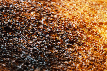This macro shot reveals the intricate details of the toasted bread, highlighting the contrast...