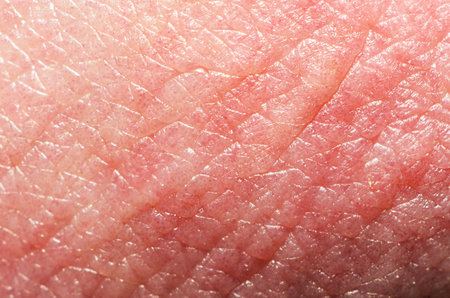 Macro close up of human skin showing visible pores and natural surface texture. Detailed anatomical structure for dermatology, skincare, and biology concepts.の写真素材