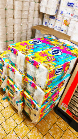 ISERLOHN, GERMANY â NOVEMBER 27 2025: Zeva toilet paper packs stacked on supermarket shelves inside Lidl store todayのeditorial素材