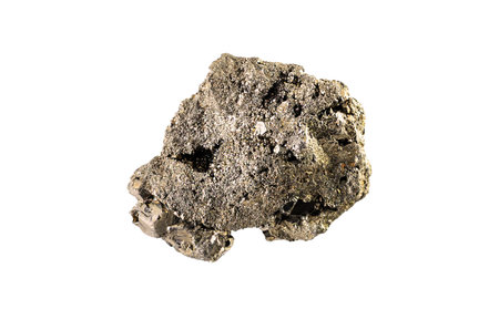 Close-up of a pyrite mineral specimen isolated on a clean white background