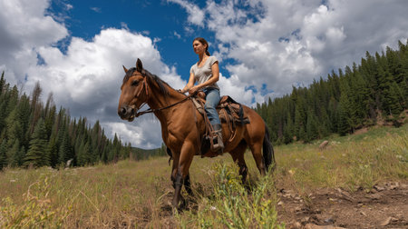 Beautiful young woman riding a horse in the mountains in summer.の素材