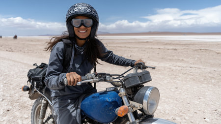 Girl on a motorcycle in the Salar de Uyuni, Boliviaの素材