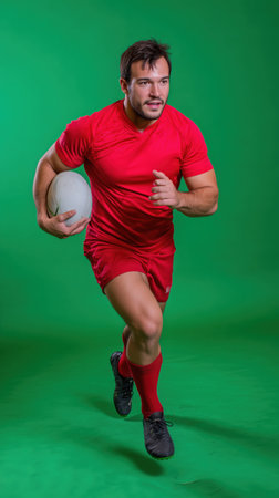 Young handsome bearded Persian rugby player against green background. Athlete in red uniformの素材