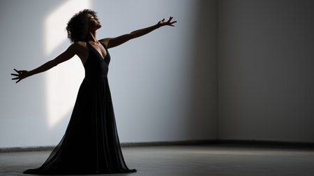 Beautiful African American woman dancing in a room with a white wallの素材