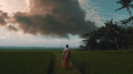 Rear view of a young man walking in a rice field.の素材