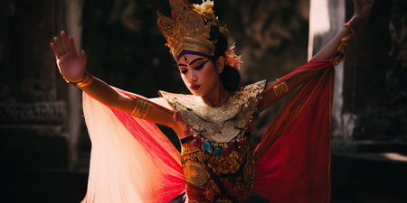 Beautiful asian woman in traditional costume dancing in the temple.の素材