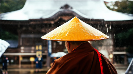 Traditional japanese monk walking in front of the Shinto shrineの素材