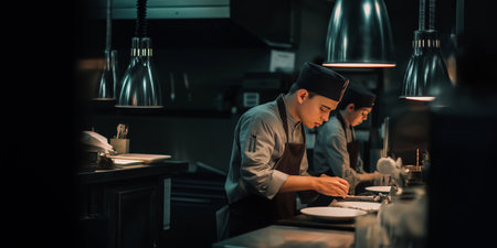 selective focus of young male chef preparing food in restaurant kitchen at nightの素材