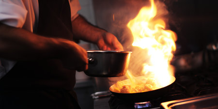 Chef cooking in the kitchen, Chef at work, luxury restaurant kitchenの素材