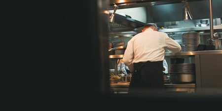Rear view of a male chef cooking in a restaurant kitchen.の素材