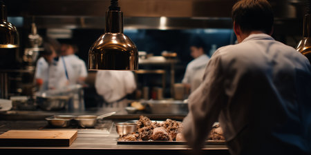 Closeup of a professional chef preparing meat in a commercial kitchen.の素材