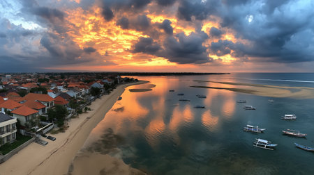 Aerial view of a beautiful sunset over the sea with dramatic cloudsの素材
