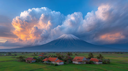 Panoramic view of the rice fields and Mt. Fuji at sunsetの素材