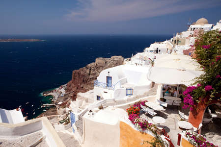 Kind on an ancient Venetian bastion of island Santoriniの写真素材