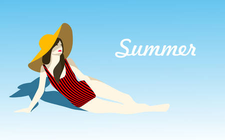 Summer retro poster girl the beach vintage vector backgroundのイラスト素材