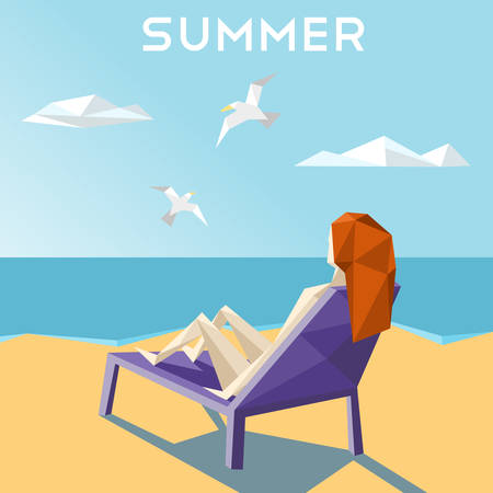 Summer holidays retro poster girl the beach vintage geometric polygonal design vector background のイラスト素材