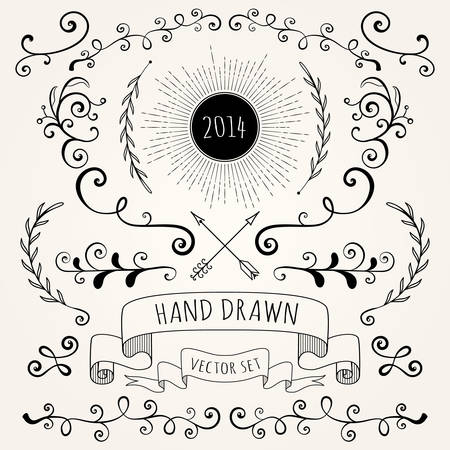 Hand drawn set vintage style vector design elements のイラスト素材