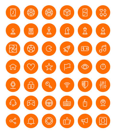 Thin line game icons set for web and mobile apps. White and orange colors flat design. Chess, puzzle, dice, cards, games  ui elementsのイラスト素材