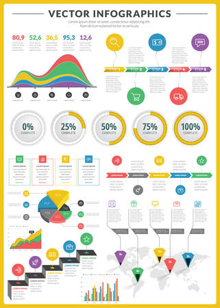 Big pack of data visualization vector infographics and design elements with business bar, charts, graph, diagrams and icon set for brochures, flyers and websitesのイラスト素材