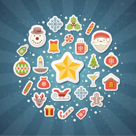 Vintage christmas greeting card, icons and symbols, christmas tree, snowflakes, gift box, santa elements vector backgroundのイラスト素材