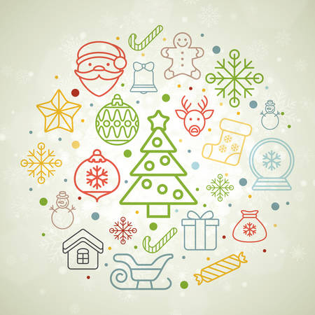 Vintage christmas greeting card, icons and symbols, christmas tree, snowflakes, gift box, santa elements vector backgroundのイラスト素材
