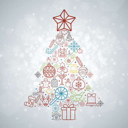 Vintage christmas greeting card, icons and symbols, christmas tree, snowflakes, gift box, santa elements vector backgroundのイラスト素材