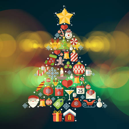 Vintage christmas greeting card, icons and symbols, christmas tree, snowflakes, gift box, santa elements vector backgroundのイラスト素材