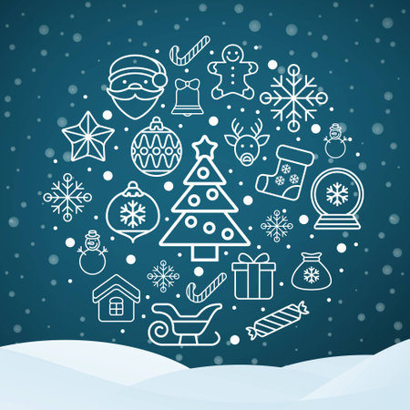 Vintage christmas greeting card, icons and symbols, christmas tree, snowflakes, gift box, santa elements vector backgroundのイラスト素材