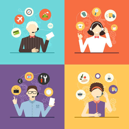 Technical support banners set assistant mans and woman with icons flat design vector illustrationのイラスト素材