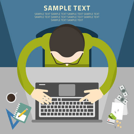 Businessman working with laptop and office equipment flat design vector illustrationのイラスト素材